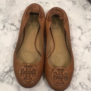 Tory Burch Minnie cognac flats.